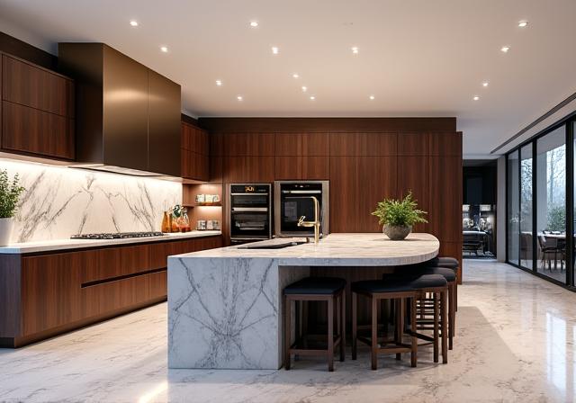 Expansive kitchen in Toorak with custom cabinetry and island