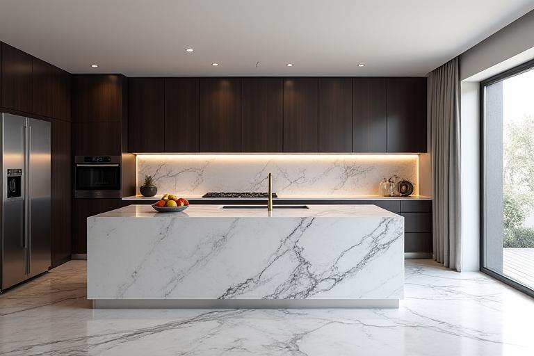 Luxurious kitchen newly remodeled with marble countertops