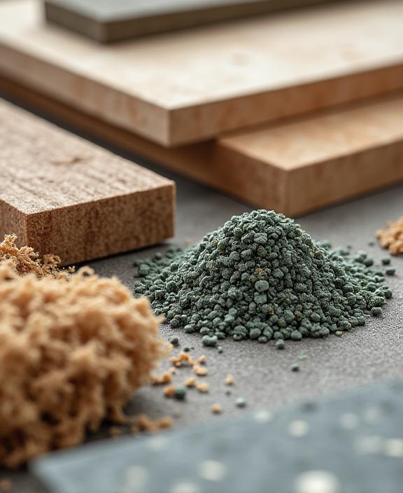 A close-up of sustainable timber and recycled building materials, showing texture.